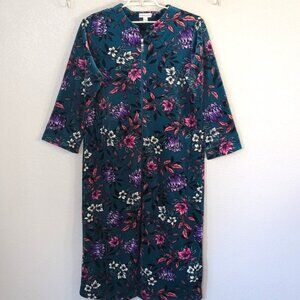 🌷Miss Elaine Sz M Robe Front Zip Velour Teal Blue Floral Side Seam Pockets